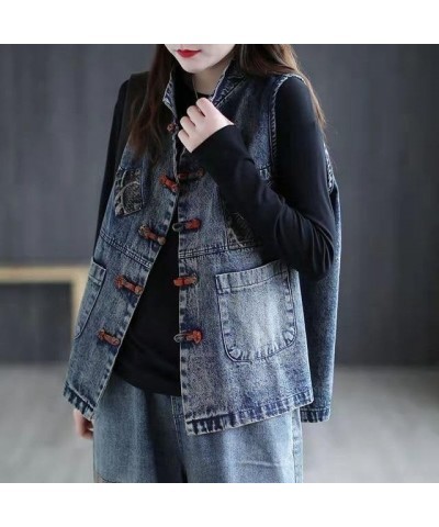 Women's Denim Vest Cotton Spring and Summer Plus Size Chinese Style Retro Korean Sleeveless Jacket Women S1 Blue $27.59 Vests