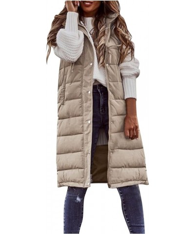 Women's Long Hooded Down Vests Overcoat Warm Windproof Single Breasted Puffy Coats with Pockets 5-beige $16.49 Vests