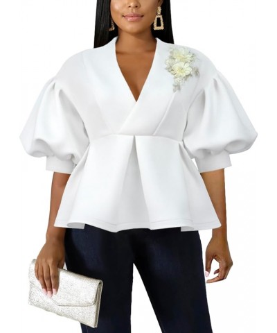 Women's White V Neck Embroidery Short Lantern Sleeve Top Peplum Blouse White $24.74 Blouses