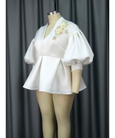 Women's White V Neck Embroidery Short Lantern Sleeve Top Peplum Blouse White $24.74 Blouses