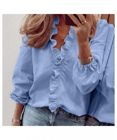 Womens Shirts V-Neck Short/Long Sleeve Ruffle Neckline Blouses Casual Solid Color Summer Loose Business Work Tops Bbgs-a422-b...