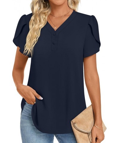 Womens 2024 Summer Tunic Tops Casual Short Sleeve V Neck Blouse Buttons Chiffon Tshirts for Leggings Soft Comfy Dark Blue $13...