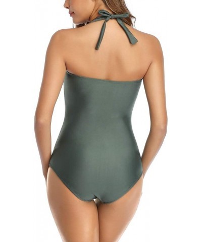 Tummy Control Swimwear Halter One Piece Slimming Vintage Retro Swimsuit Womens Ruched Push Up Bathing Suit B Olive Green $16....