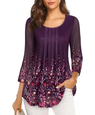 Women's 3/4 Sleeve Tunic Tops Casual Loose Fit Floral Blouses Mesh Pleated Layered Shirt Rose Violet-1 $15.59 Tops