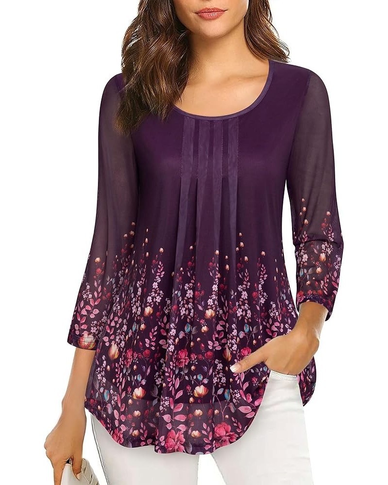 Women's 3/4 Sleeve Tunic Tops Casual Loose Fit Floral Blouses Mesh Pleated Layered Shirt Rose Violet-1 $15.59 Tops