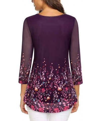 Women's 3/4 Sleeve Tunic Tops Casual Loose Fit Floral Blouses Mesh Pleated Layered Shirt Rose Violet-1 $15.59 Tops