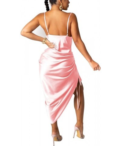 Women's Spaghetti Strap Backless Side Slit Drawstring Ruched Satin Midi Dress Night Party Clubwear Pink $14.76 Dresses