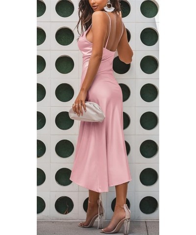 Women's Spaghetti Strap Backless Side Slit Drawstring Ruched Satin Midi Dress Night Party Clubwear Pink $14.76 Dresses