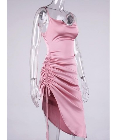 Women's Spaghetti Strap Backless Side Slit Drawstring Ruched Satin Midi Dress Night Party Clubwear Pink $14.76 Dresses