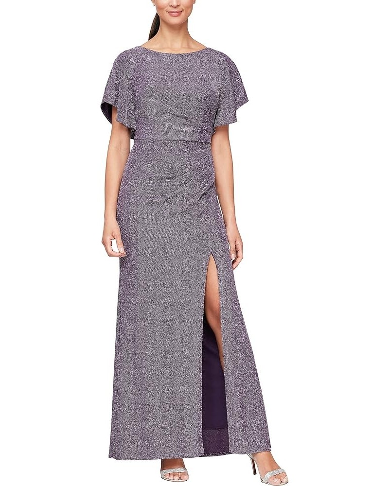 Women's Long Metallic Ruched Flutter Sleeve Dress with Side Slit Dark Plum $95.52 Dresses