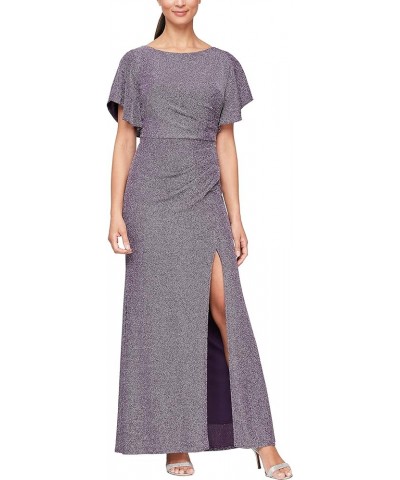 Women's Long Metallic Ruched Flutter Sleeve Dress with Side Slit Dark Plum $95.52 Dresses