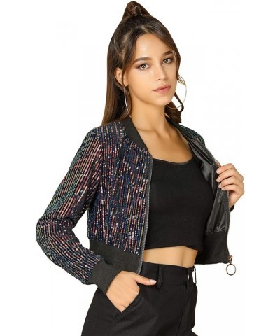 Women's Sparkly Glitter Jackets Zipper Front Crop Bomber Sequin Jacket Black-red $24.63 Jackets