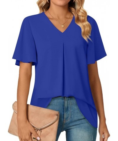 Womens Summer Dressy Chiffon Blouses V Neck Short Sleeve Tunic Tops for Leggings Casual T-Shirts Ruffle Sleeve/Royal Blue $17...