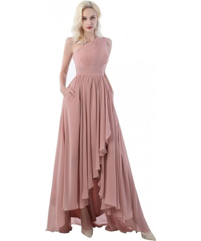 One Shoulder Bridesmaid Dresses for Wedding with Pockets Long Chiffon High Low Ruched Formal Gown Dusty Rose $33.59 Dresses