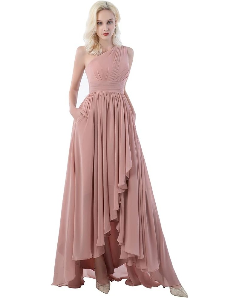 One Shoulder Bridesmaid Dresses for Wedding with Pockets Long Chiffon High Low Ruched Formal Gown Dusty Rose $33.59 Dresses