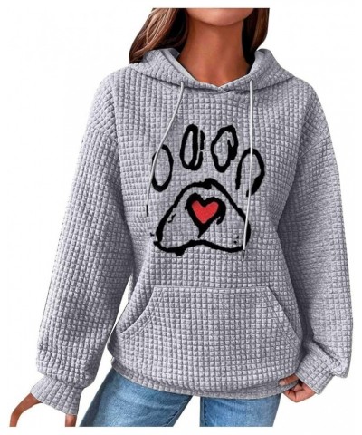 Womens Oversized Waffle Knit Sweatshirt Love Heart Dog Paw Print Hoodie Drawstring Pullover Long Sleeve Tops with Pocket Y-gr...
