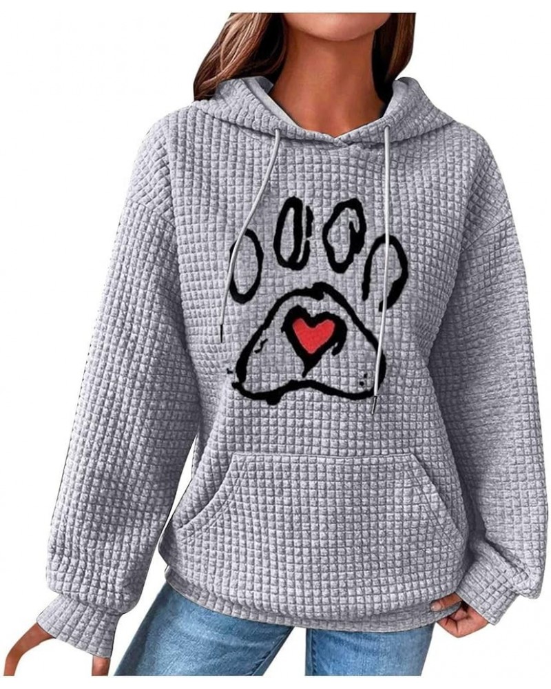 Womens Oversized Waffle Knit Sweatshirt Love Heart Dog Paw Print Hoodie Drawstring Pullover Long Sleeve Tops with Pocket Y-gr...