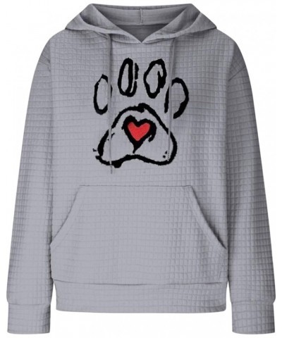 Womens Oversized Waffle Knit Sweatshirt Love Heart Dog Paw Print Hoodie Drawstring Pullover Long Sleeve Tops with Pocket Y-gr...