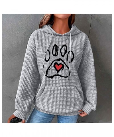 Womens Oversized Waffle Knit Sweatshirt Love Heart Dog Paw Print Hoodie Drawstring Pullover Long Sleeve Tops with Pocket Y-gr...