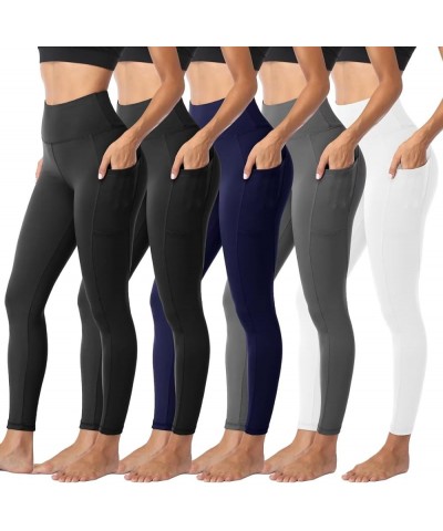 5 Pack Leggings for Women Tummy Control, Soft High Waisted Black Yoga Pants for Workout Reg & Plus Size B-2 Pockets-black*2+n...