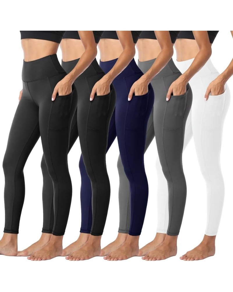 5 Pack Leggings for Women Tummy Control, Soft High Waisted Black Yoga Pants for Workout Reg & Plus Size B-2 Pockets-black*2+n...