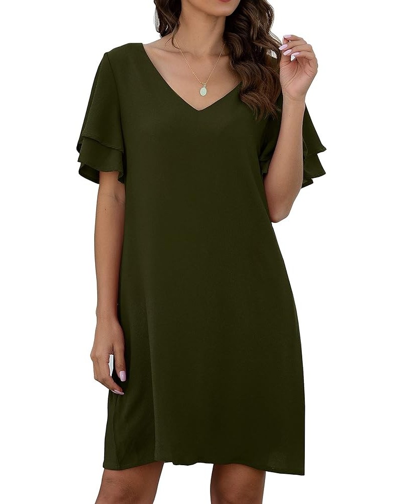 2023 Women's Summer Casual Loose Mini Dress V-Neck Bell Short Sleeve Double Layer Shift Dress 12 Army Green $11.00 Dresses