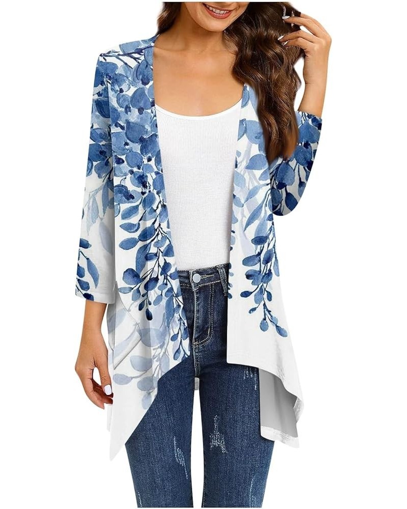 Womens Tops Printing Fall and Winter Open Front Cardigan 3/4 Sleeve Irregular Hem Resort Wear Sweaters Coat 1-blue $8.66 Jackets